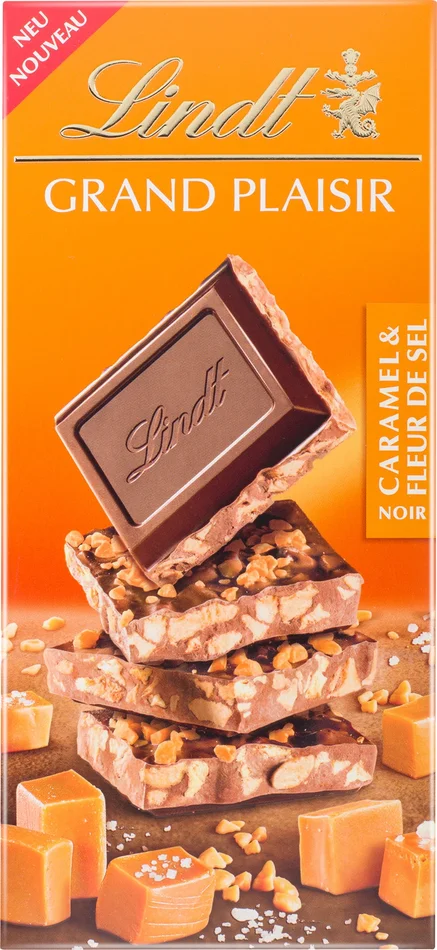 Lindt Tablette « Grand Plaisir » – Noir Caramel Fleur de Sel, 150 g